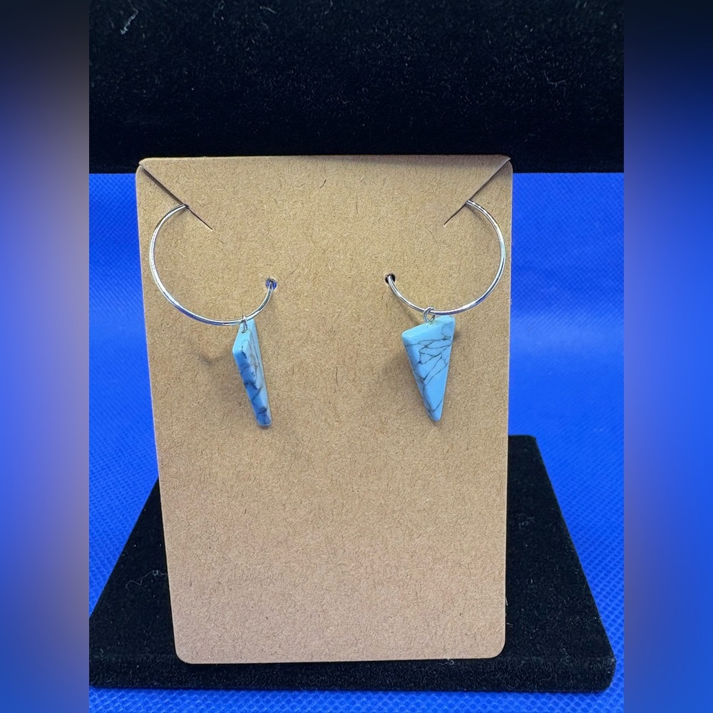 Turquoise Triangle Dangle Hoop Earrings Silver Tone Boho Minimalist